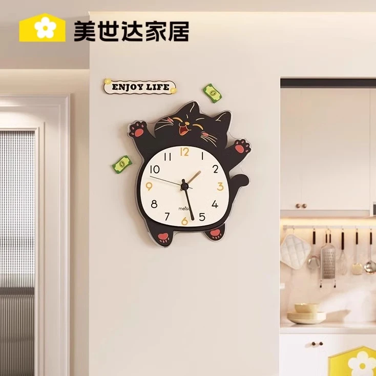美世达招财猫挂钟客厅新款现代简约时钟家用个性创意时尚挂墙钟表