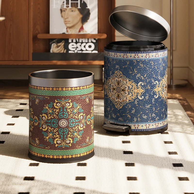 美世达不锈钢皮革垃圾桶家用中古风高端轻奢客厅卫生间大容量纸篓