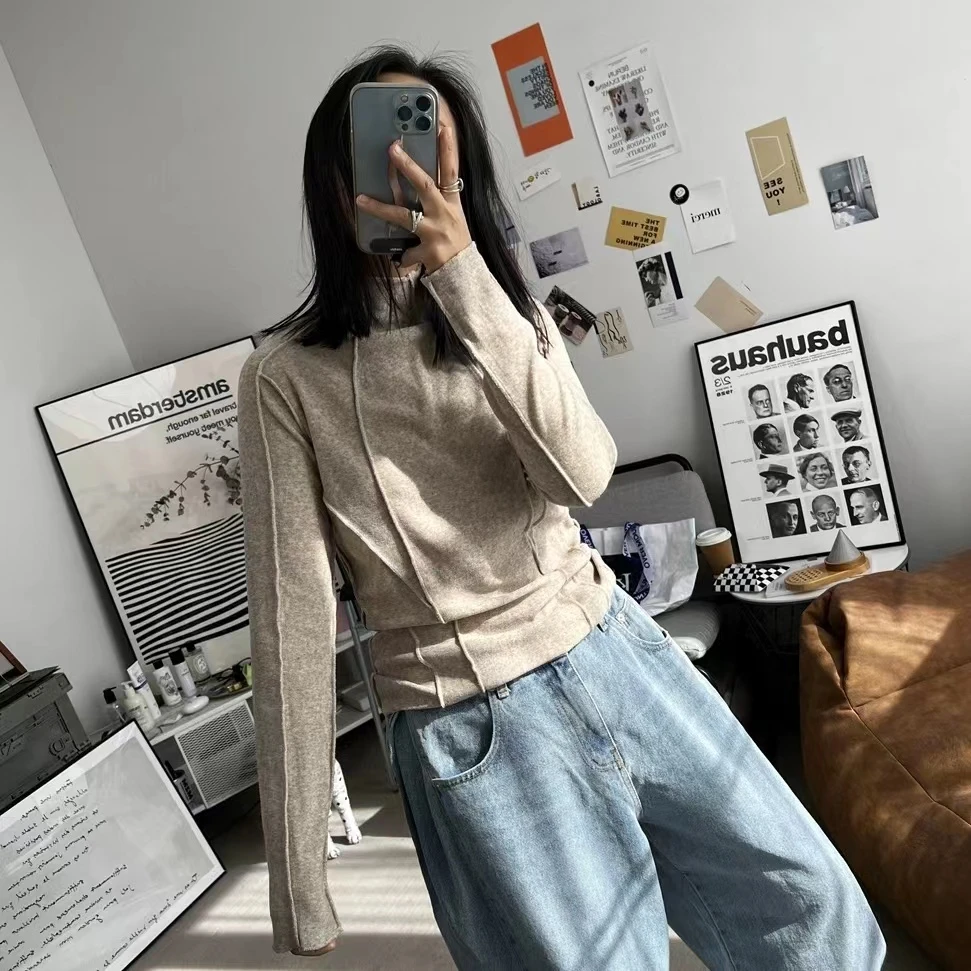 新款显瘦百搭半高领时尚休闲设计感线条两面穿打底衣7709