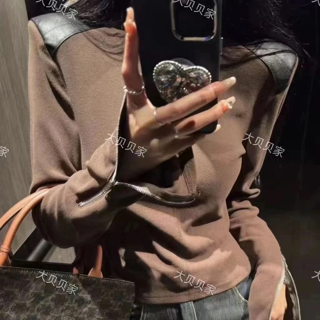 加厚撞色皮垫肩袖子带拉链打底衣6615