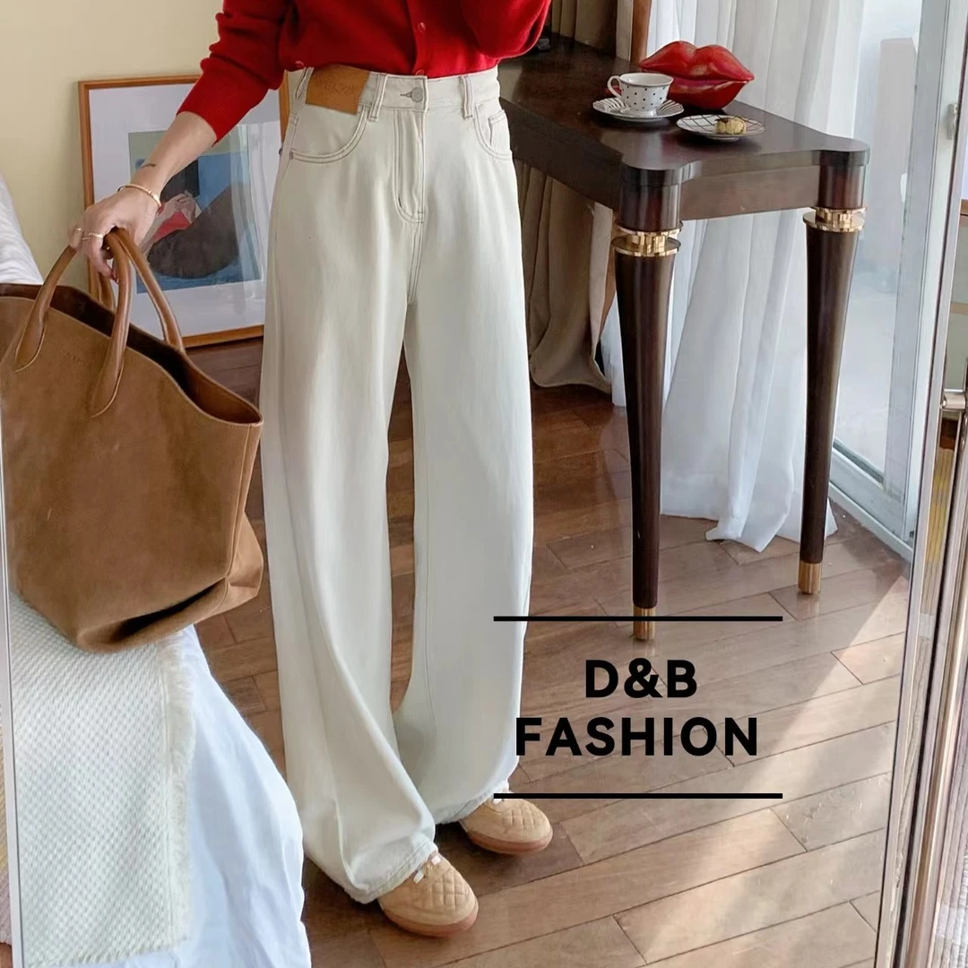 新款纯色高腰显瘦直筒白色牛仔裤3775