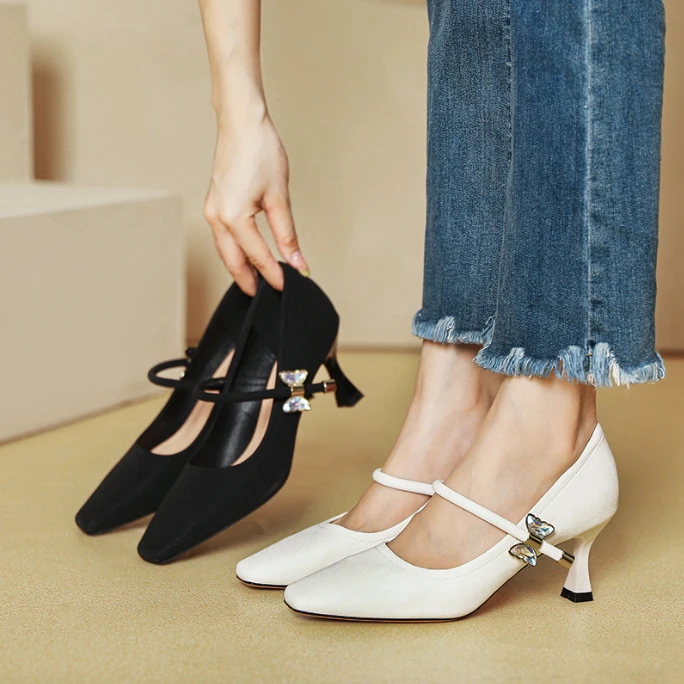 （神奇推荐）新款牛皮黑色高跟鞋一字带玛丽珍白色细跟法式方头单鞋