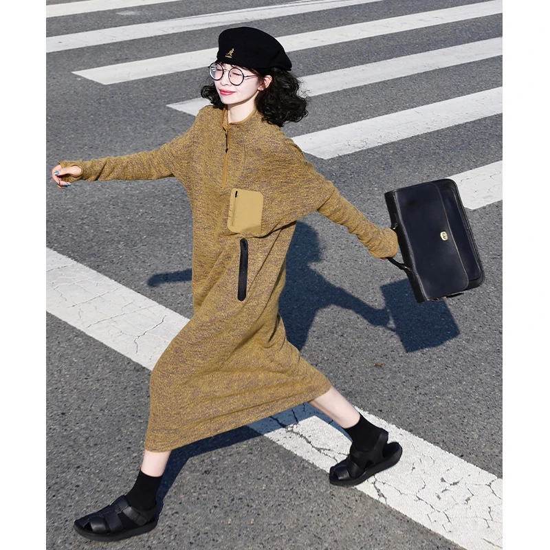 半圆原创设计2025冬季显瘦休闲新款羊毛立领连衣裙T23414006