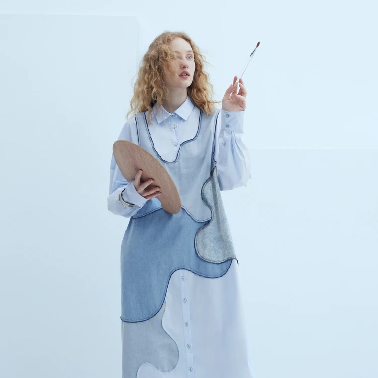 牛仔拼接半圆女装2023早秋季新款假两件长袖子连衣裙D22314183