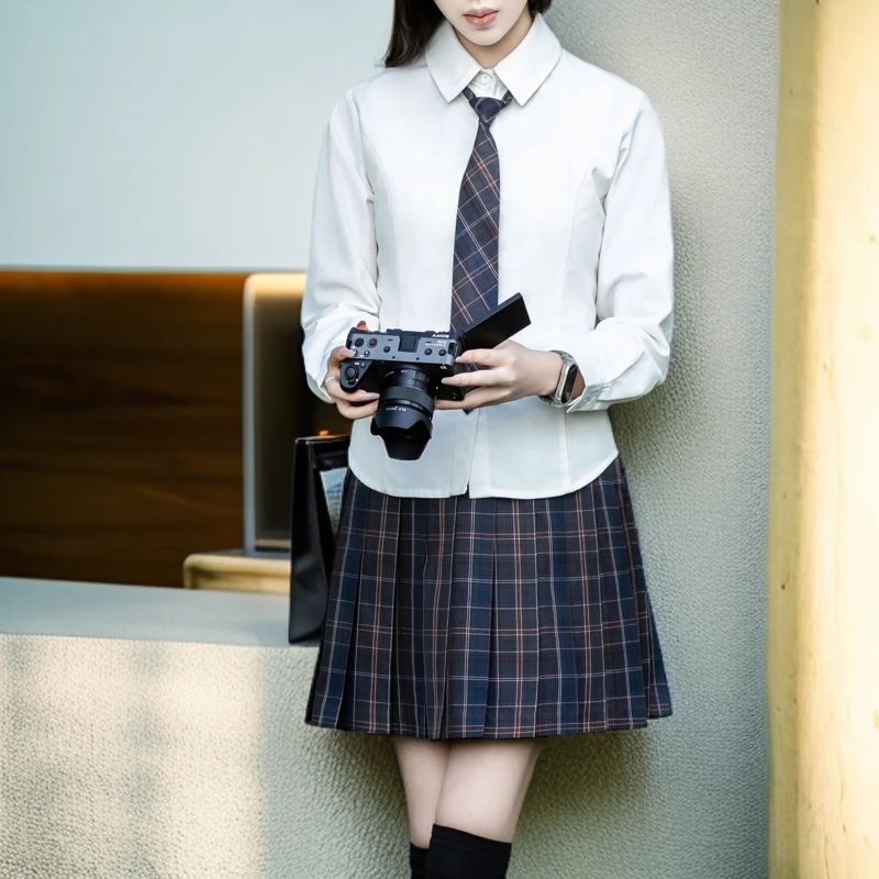 【桔岛：川屿中】原创学院风绑带收腰白衬衫+百褶格裙JK制服时尚套装