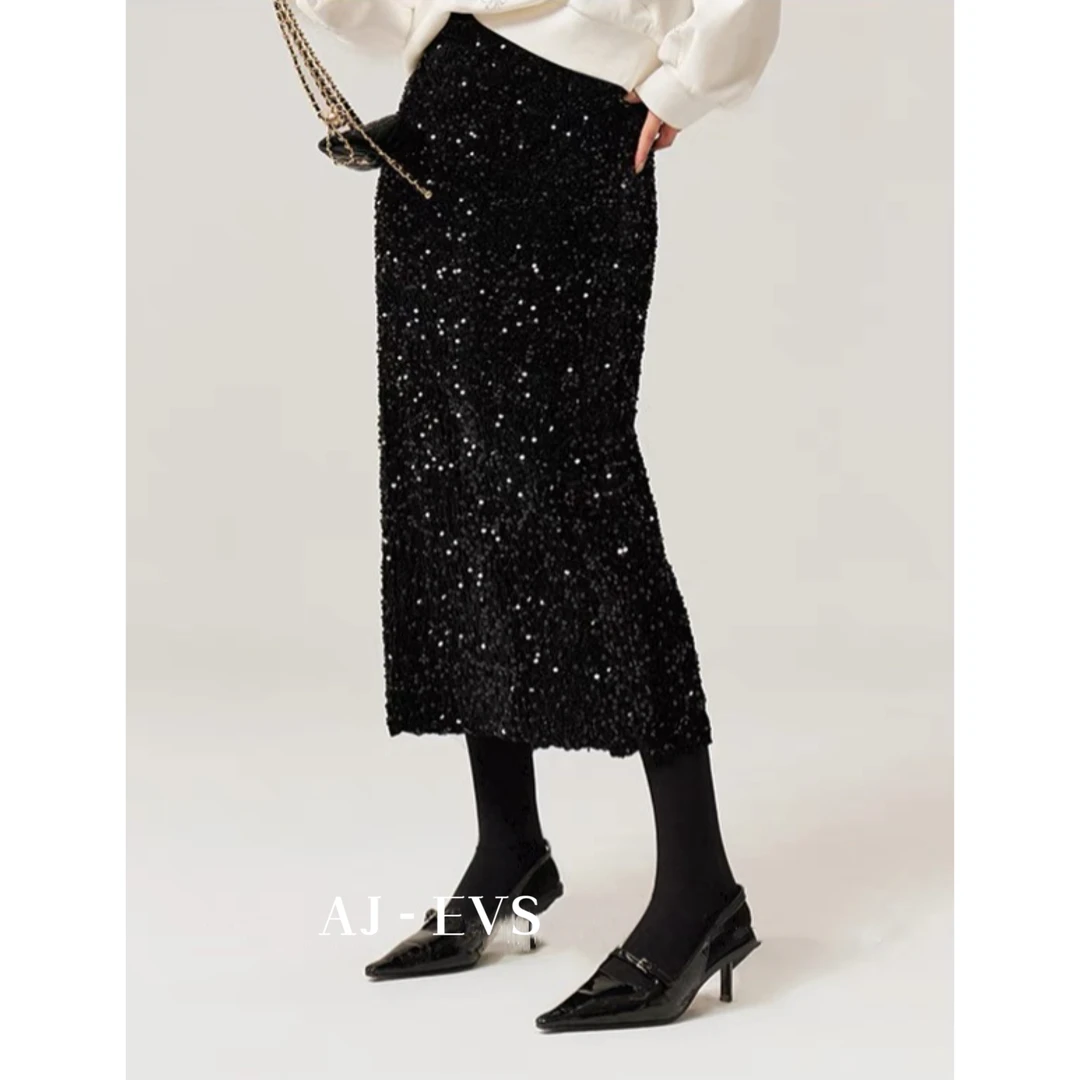 AJ-EVS【名媛登场·氛围感高奢丝绒亮片显瘦优雅开叉半裙】