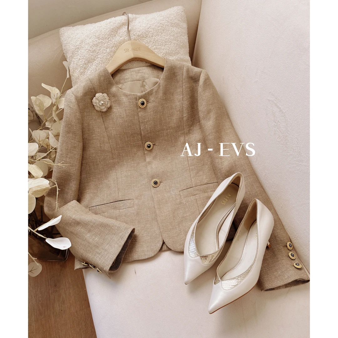 AJ-EVS【老钱风气质·意大利进口金丝长袖亚麻外套】