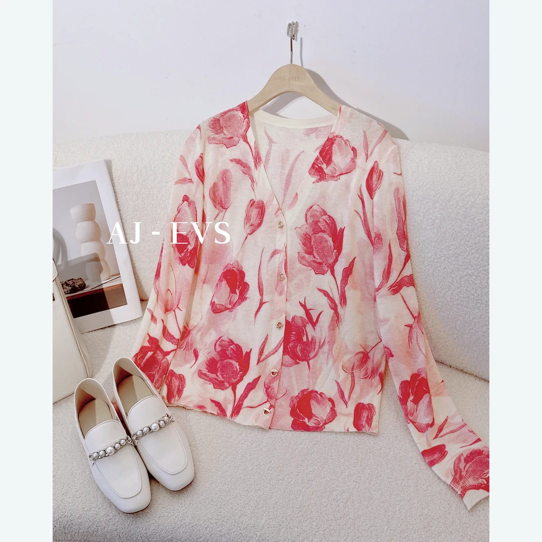 AJ-EVS【D家印花羊绒薄款夏季针织开衫】