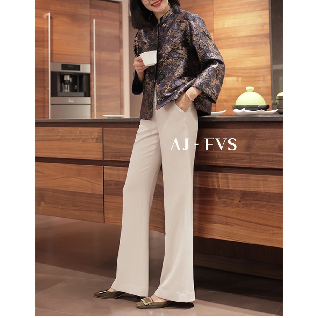 AJ-EVS【手工银珠·高弹力显瘦直筒裤】时尚气质休闲垂感直筒裤