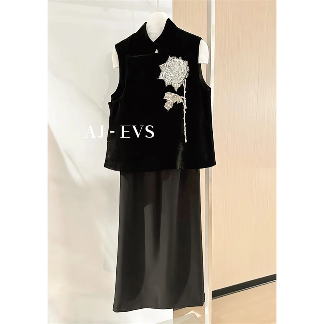 AJ-EVS【秀外慧中·高奢丝绒重工刺绣中国风气质马甲时尚立领黑色】