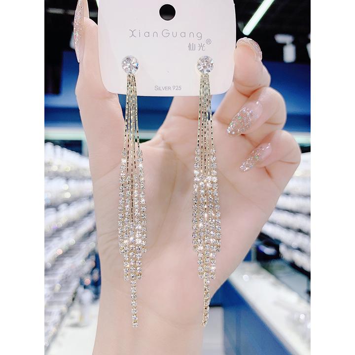 合金合成锆石耳饰 韩国高级感流苏耳环2024年新款潮气质长款夸张