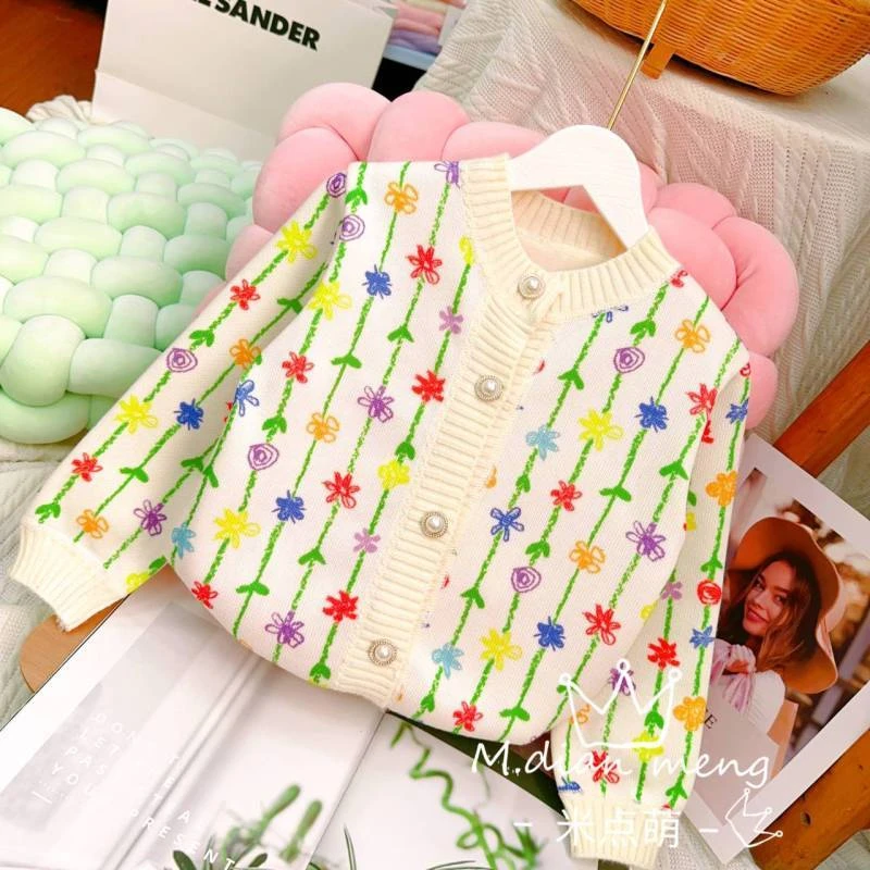 芭拉芭娜女童毛衣开衫加厚儿童秋冬季针织外套女孩上衣花朵树藤时