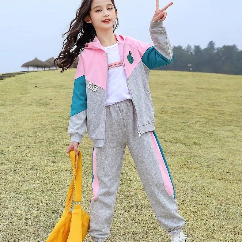 芭啦芭娜女童春秋套装2024年新款中大童时髦季洋气儿童休闲运动拼