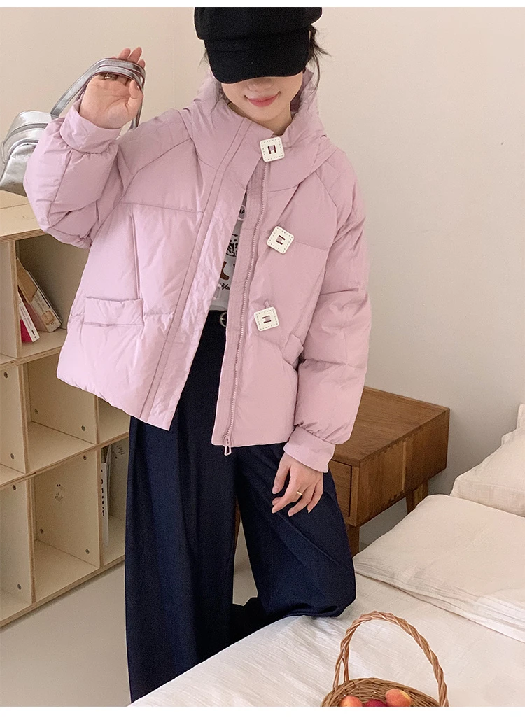 2024冬方扣三防连帽女 白鸭绒羽绒服冰岛方糖保暖冬季