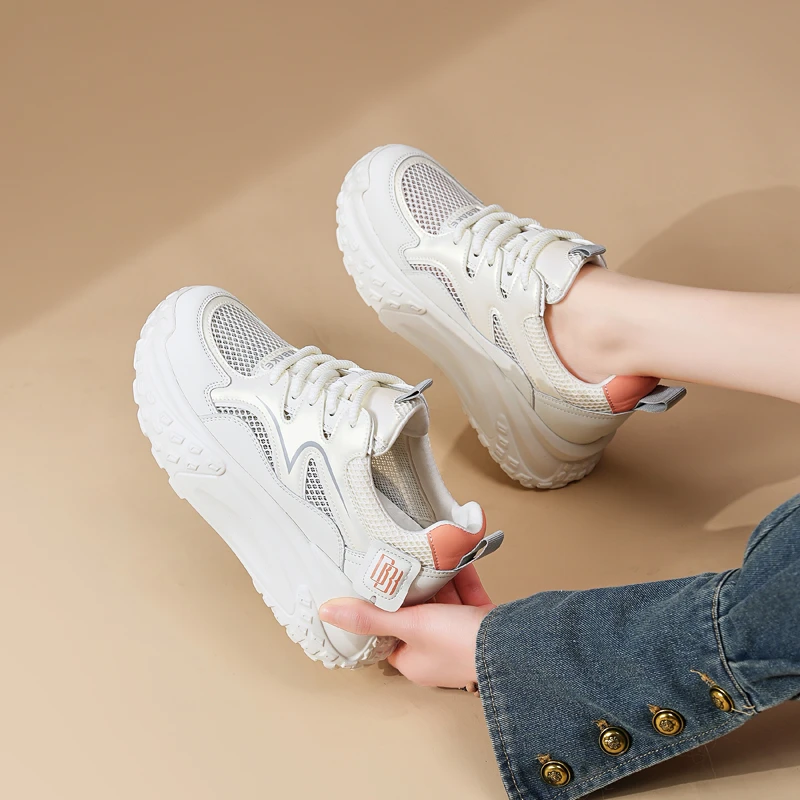 夏季薄款厚底老爹鞋女透气真皮2024年爆款百搭休闲运动女鞋小白鞋