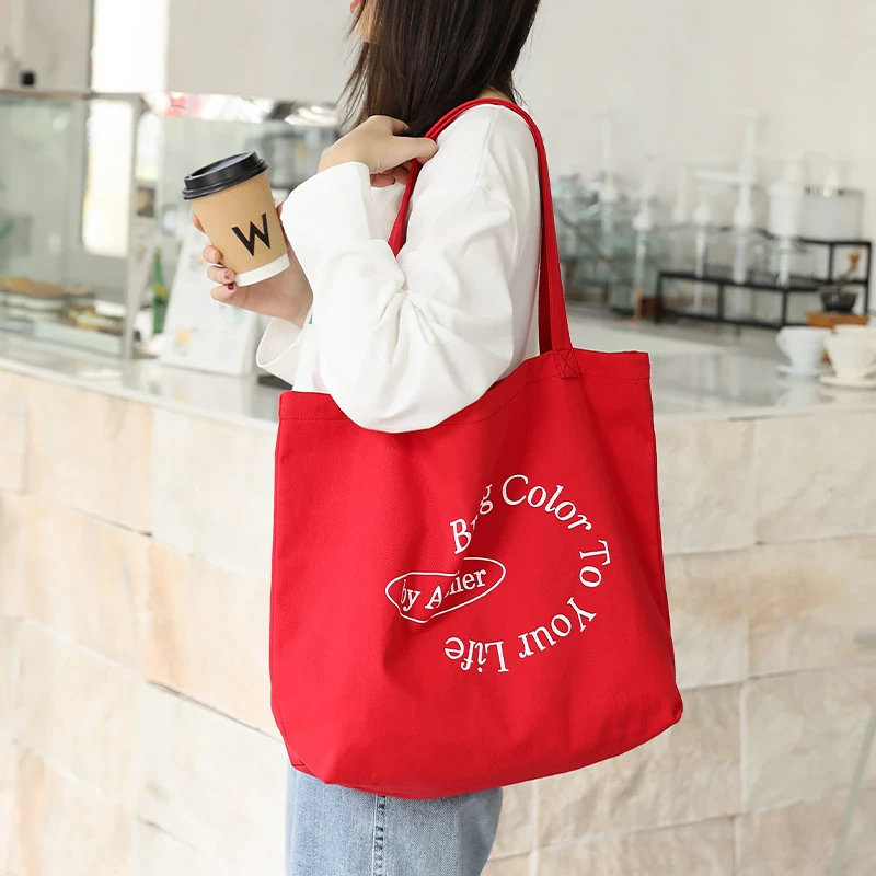 日韩文艺帆布托特包慵懒风女学生上课单肩包字母印花百搭手提布袋