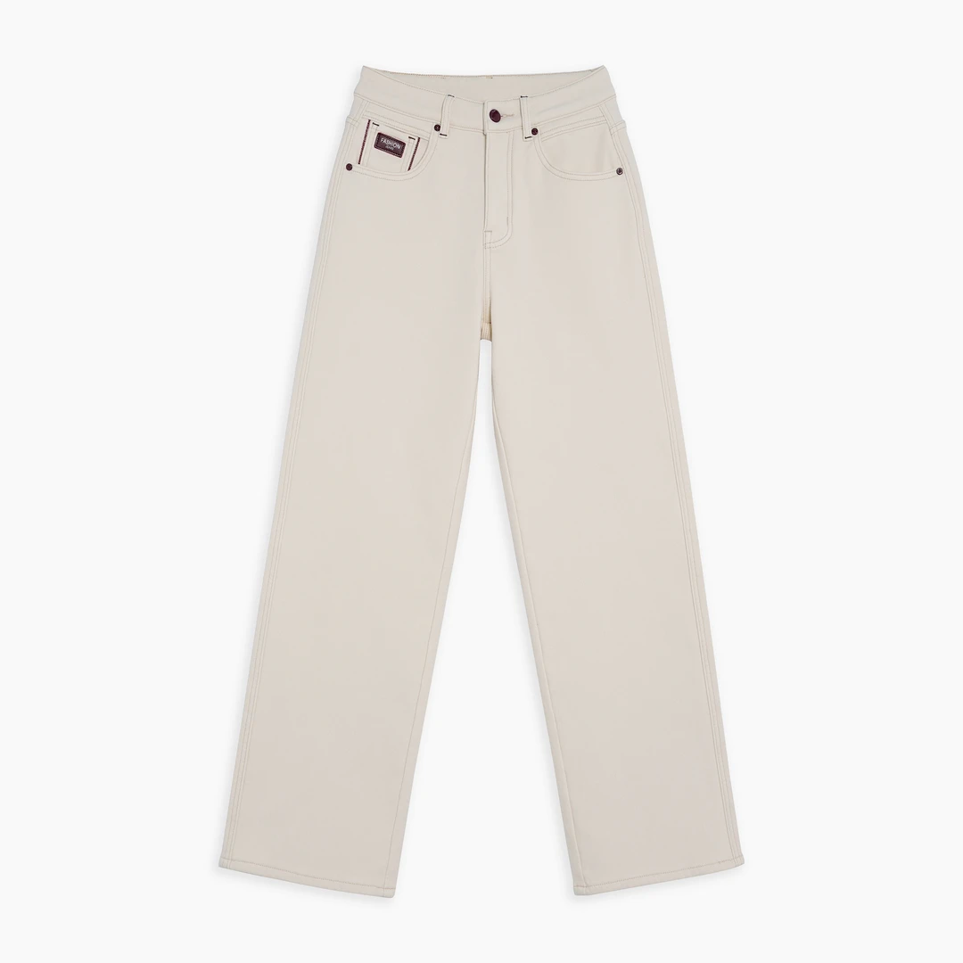 KAREN OYAN716冬季加绒阔腿直筒裤奶油白显瘦保暖弹力百搭港风