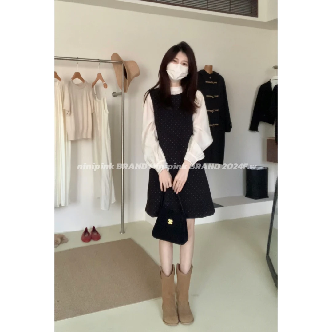 庄不腻秋冬新款【玛蒂】气质圆领波点连衣裙时髦宽松显瘦背心裙6260