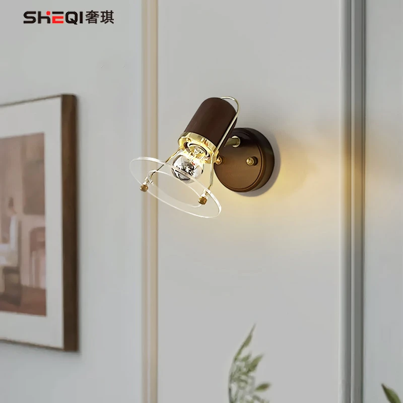 实木胡桃木色小壁灯日式侘寂床头旋转卧室阅读灯民宿复古客厅背景