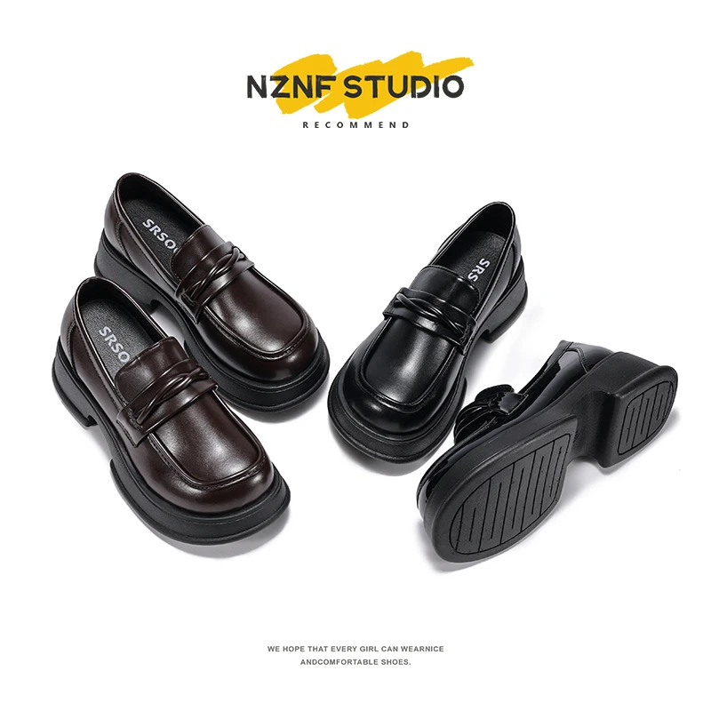 复古英伦风黑色增高厚底乐福鞋女2024新款秋冬圆头百搭粗跟小皮鞋