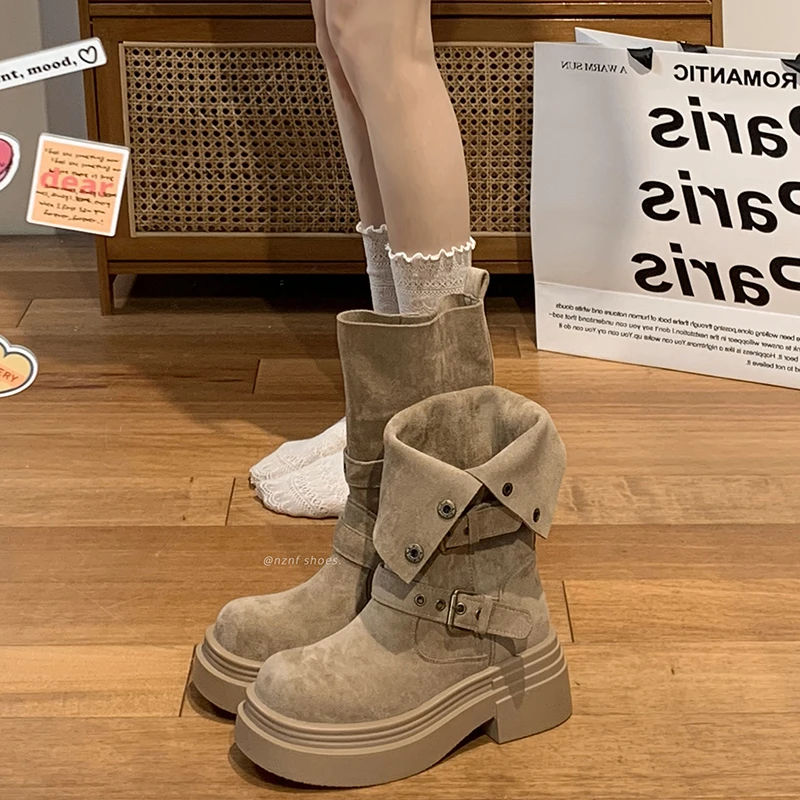 网红复古英伦风粗跟厚底马丁靴女款2025新款春秋显瘦增高短筒靴子