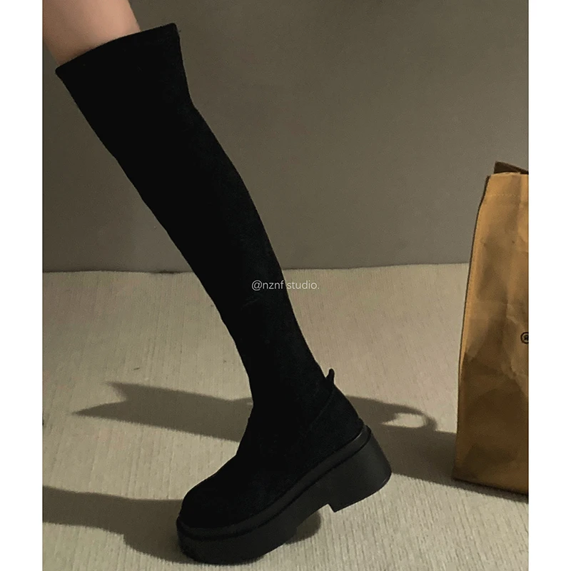 南在南方黑色过膝粗跟厚底长筒靴女2024新款春秋显瘦增高骑士靴子