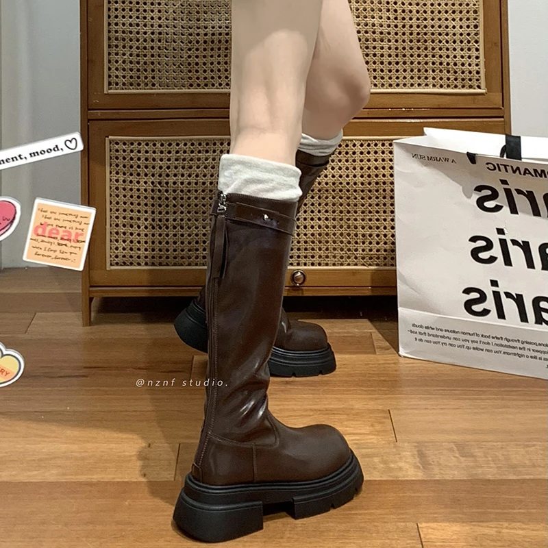 棕色小个子复古显瘦粗跟厚底长筒靴女2025新款春秋百搭增高骑士靴