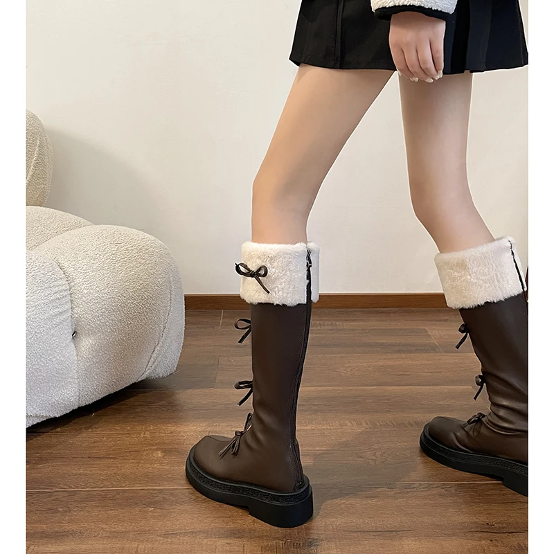 棕色显瘦加绒法式厚底靴子女长筒靴2024新款秋冬季小个子复古长靴