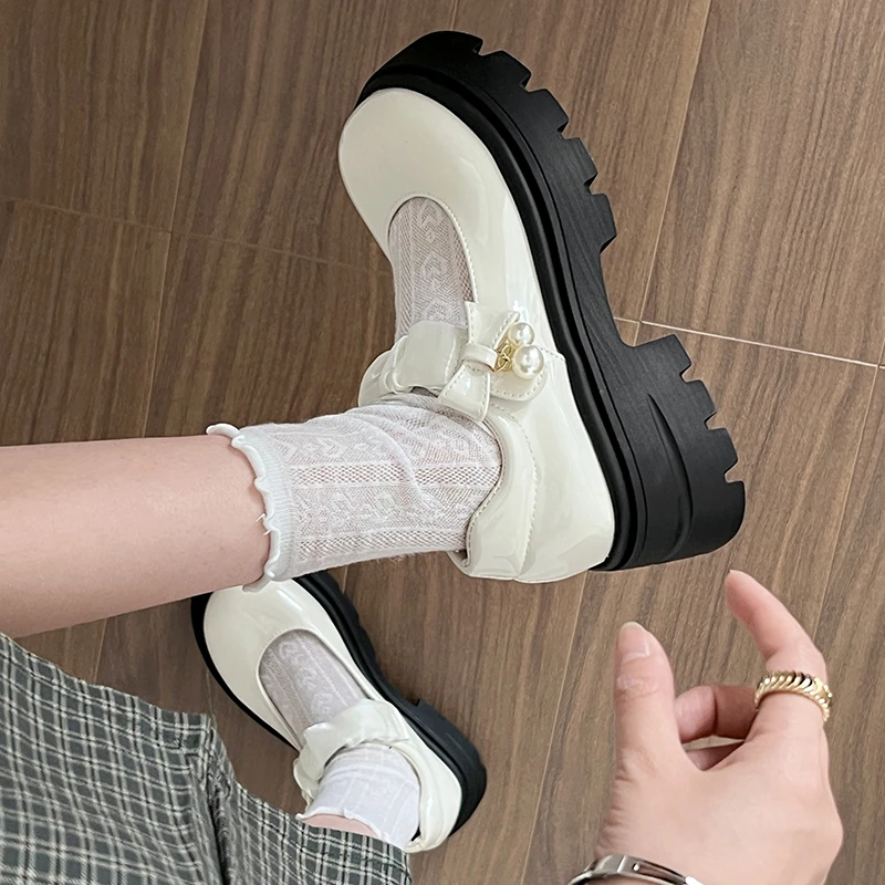 黑色法式粗跟厚底小皮鞋女2025新款春秋配裙子圆头玛丽珍浅口单鞋