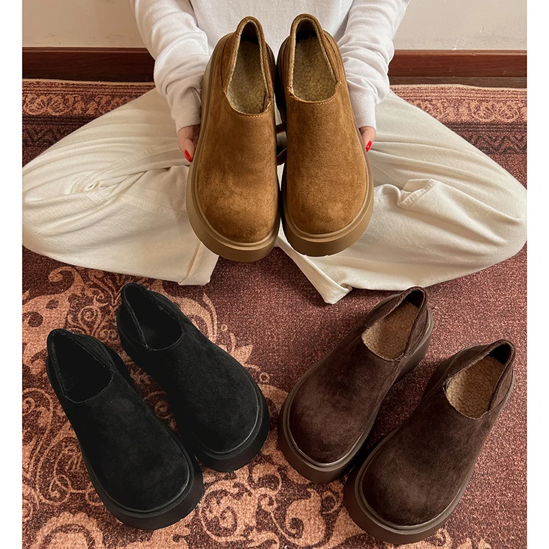 复古加绒加厚保暖厚底棉鞋女款2025新款冬季网红增高一脚蹬勃肯鞋