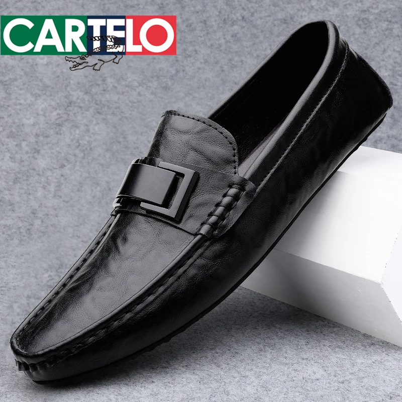 CARTELO/卡帝乐鳄鱼夏季透气男士休闲皮鞋真皮软底时尚百搭豆豆鞋