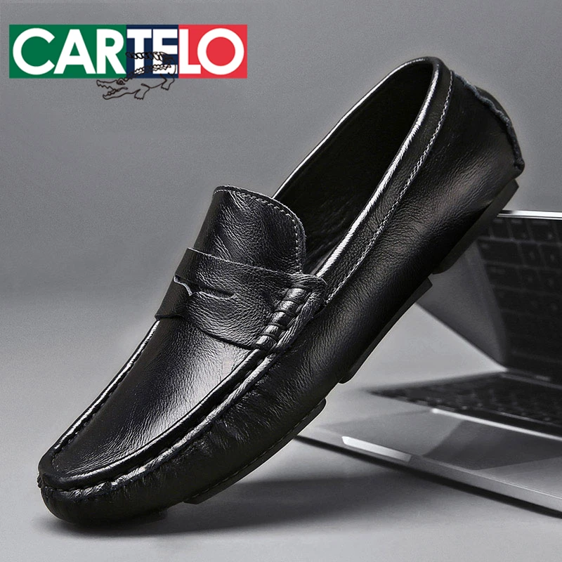 CARTELO/卡帝乐鳄鱼男鞋夏季透气男士休闲皮鞋真皮软底百搭豆豆鞋