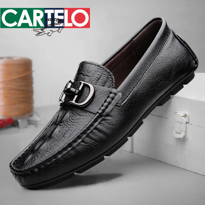 CARTELO/卡帝乐鳄鱼夏季透气男士豆豆鞋真皮软底鳄鱼纹压花驾车鞋