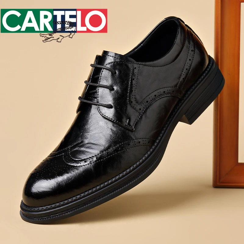 CARTELO/卡帝乐鳄鱼男士商务正装皮鞋真皮透气布洛克雕花结婚鞋男