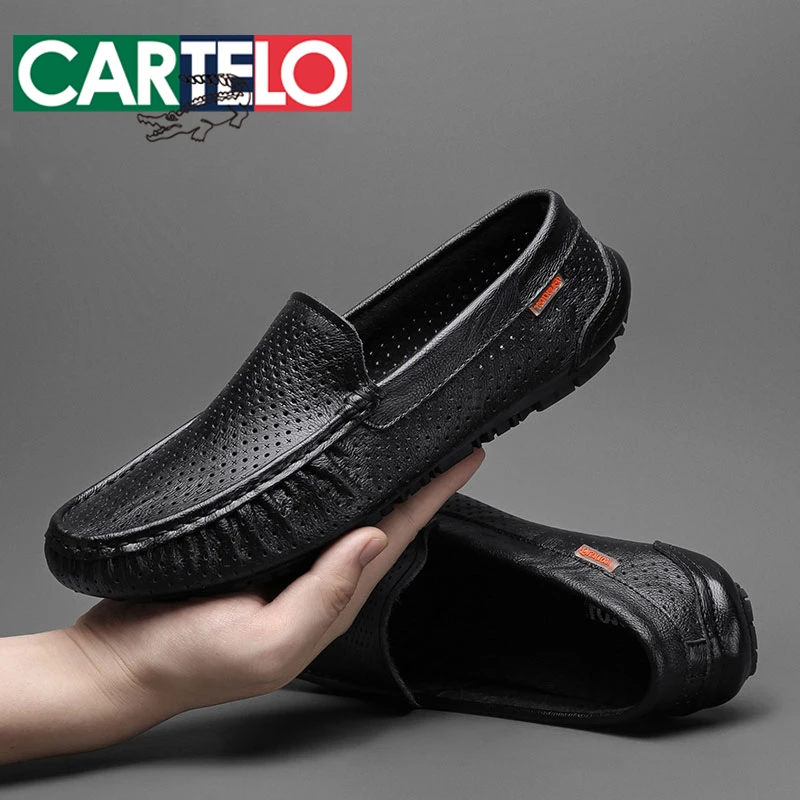 CARTELO/卡帝乐鳄鱼夏季透气男鞋真皮镂空洞洞皮鞋男软底休闲百搭