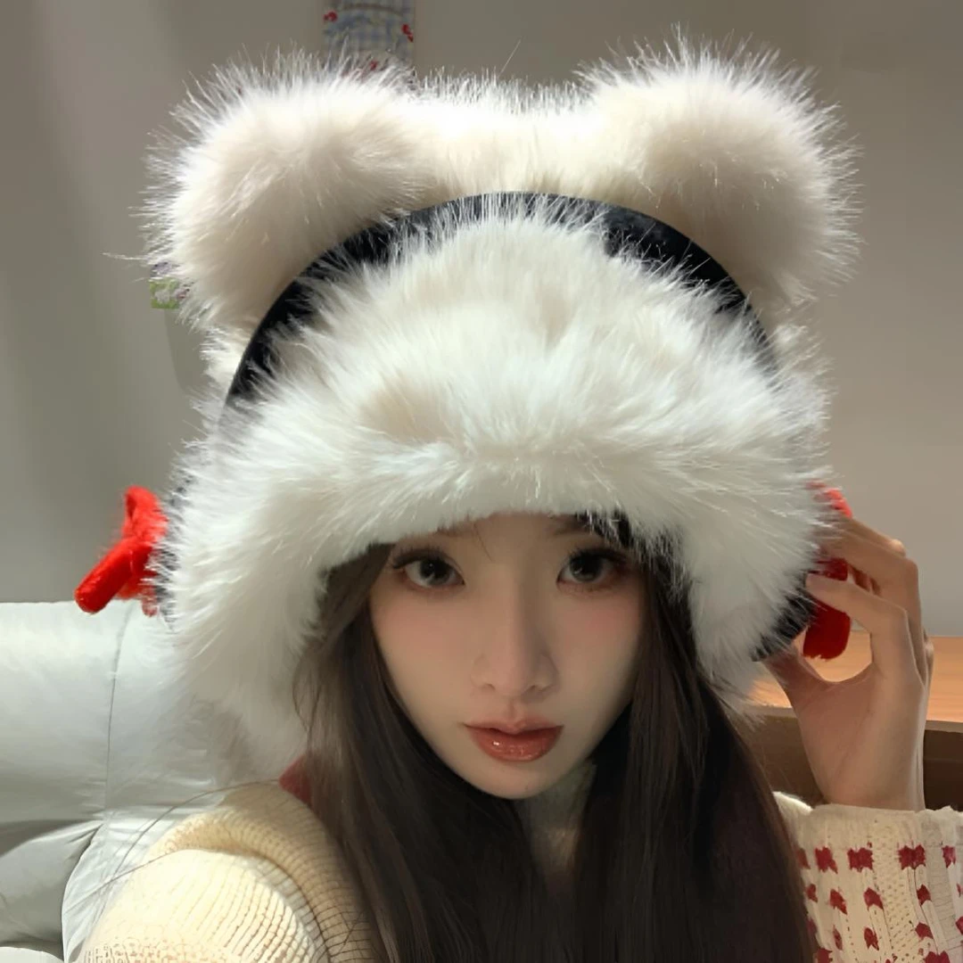 2024新款蝴蝶结耳机小熊冬季女可爱保暖护耳大头围显脸小毛绒帽