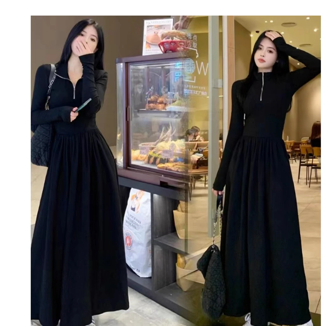 【清仓特卖】春秋法式赫本风长裙黑色连衣裙女2025新款针织连衣裙
