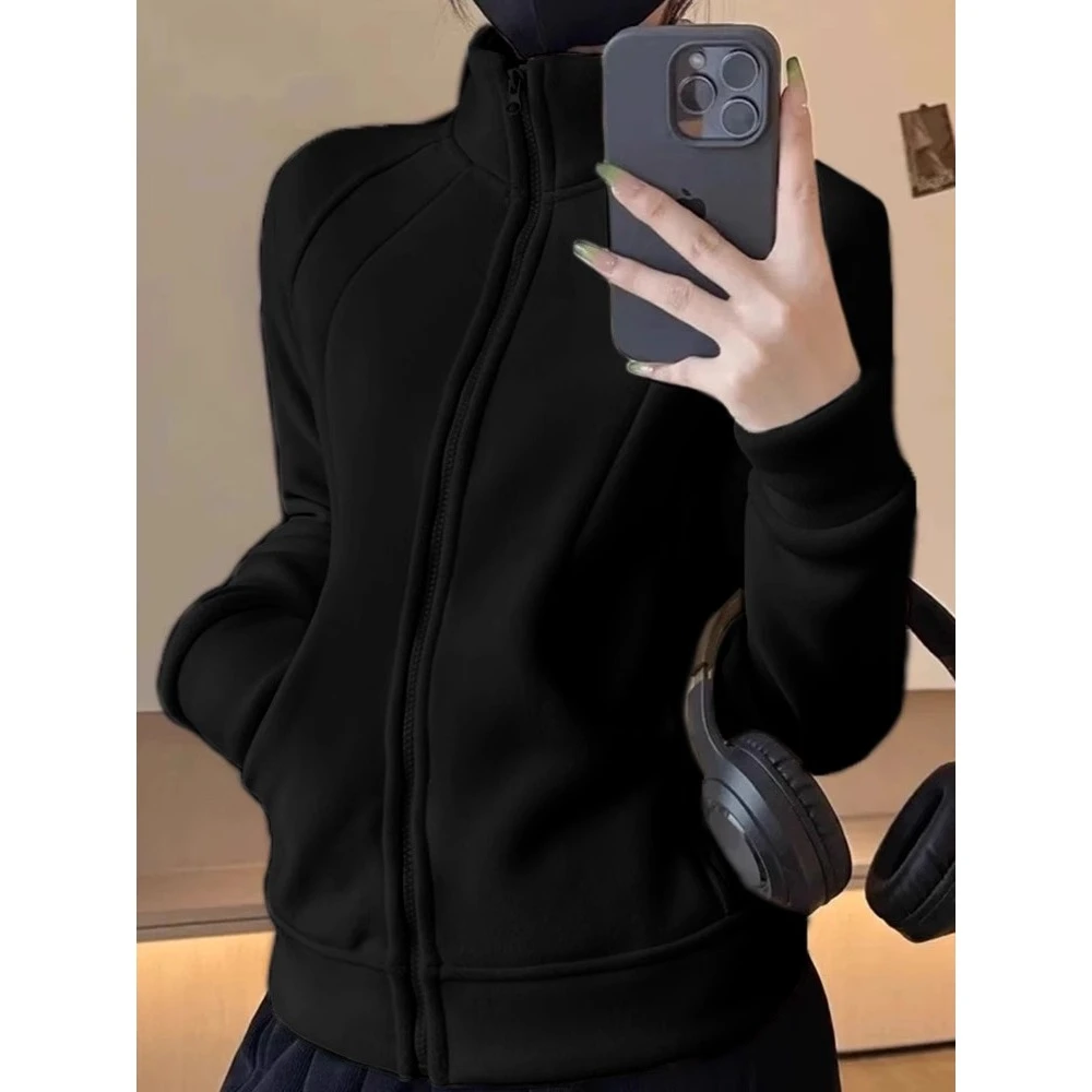 黑色立领卫衣外套女秋冬款加绒2024新款短款修身上衣初冬季运动厚