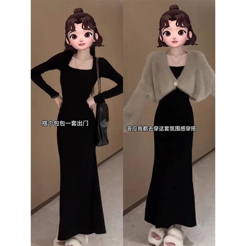 秋冬鱼尾裙子早春修身收腰连衣裙黑色小个子包臀裙春季修身小妈裙