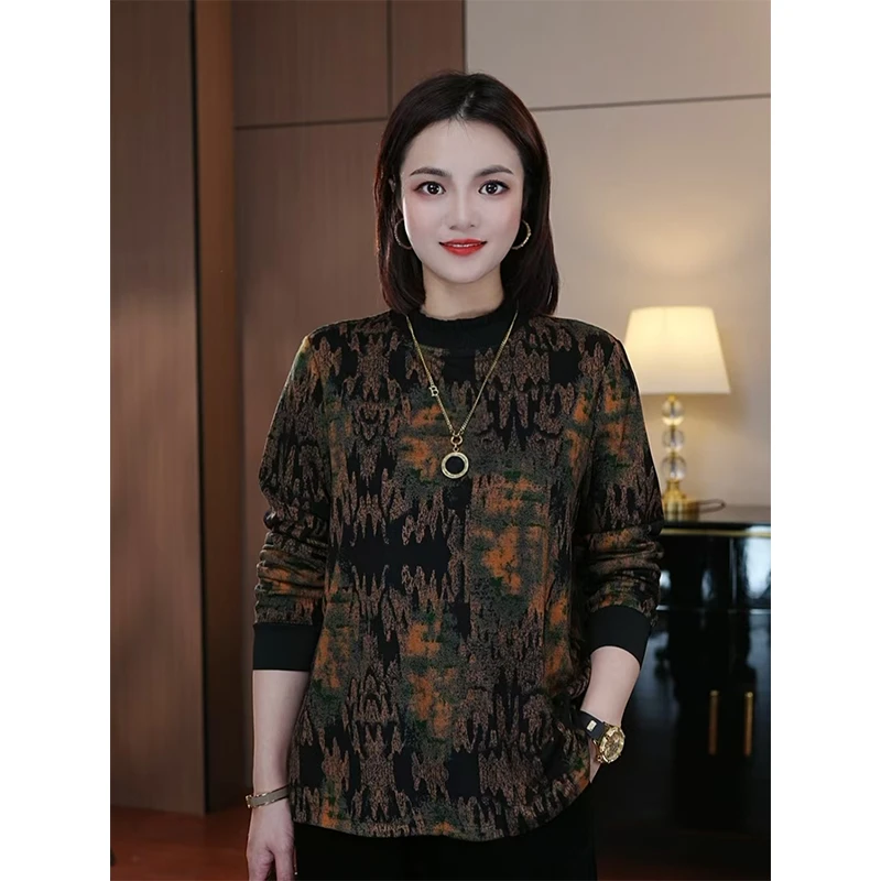 早春新款洋气百搭轻奢长袖显瘦印花时尚小衫宽松中老年女装