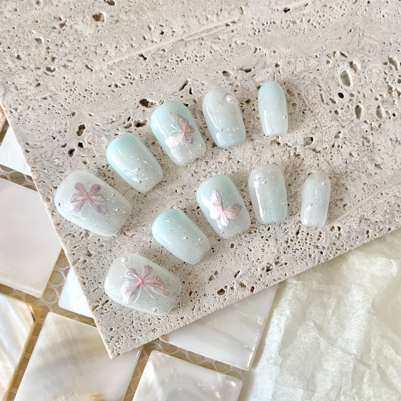 【兰蝶】蓝珊纯手工定制穿戴美甲冰透显白温柔短款假指甲贴片