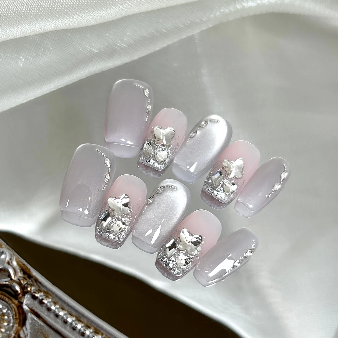 【冰清玉洁】蓝珊手工穿戴甲高级裸冰透猫眼纯欲堆闪钻显白气质简约