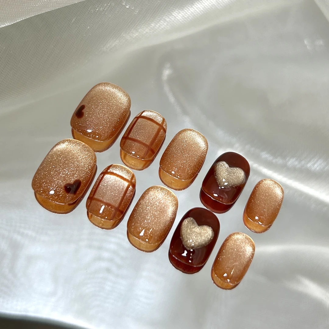 【生巧酪酪】蓝珊手工穿戴甲橙皮黄追光猫眼滴胶爱心秋冬格纹显白