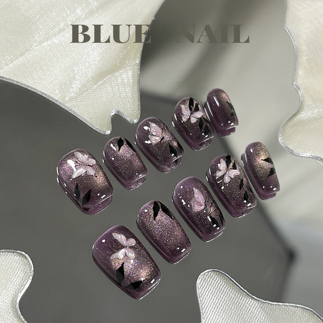 【化蝶】蓝珊手工穿戴甲意境手绘花影暗调小众星闪追光猫眼蝴蝶气质