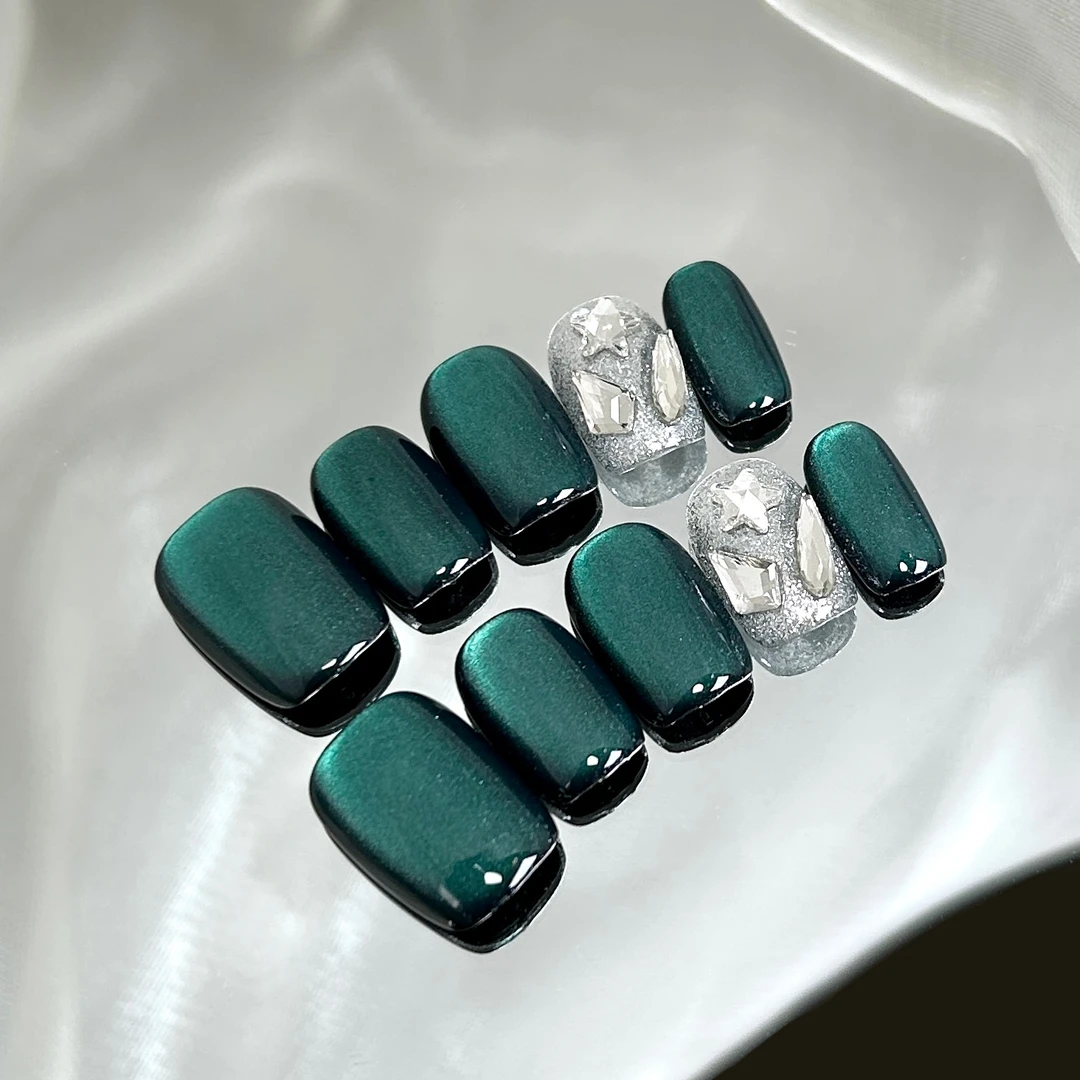 预谋】叁叁手工穿戴甲秋冬特调墨尔本绿晶石镶钻猫眼高级百搭