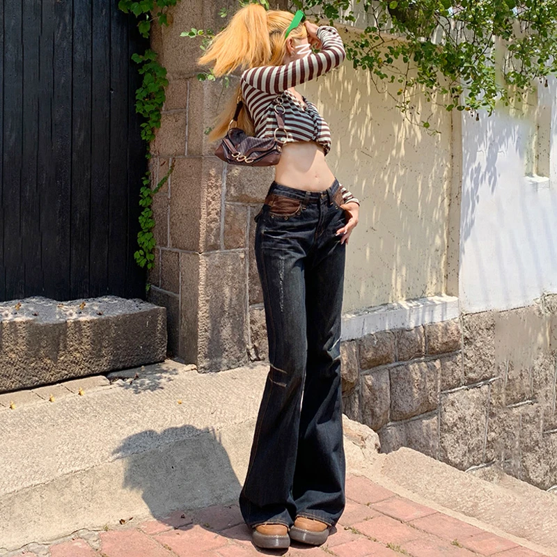 辣妹复古微喇叭牛仔裤女夏季高腰设计感美式高街拖地马蹄裤高个子
