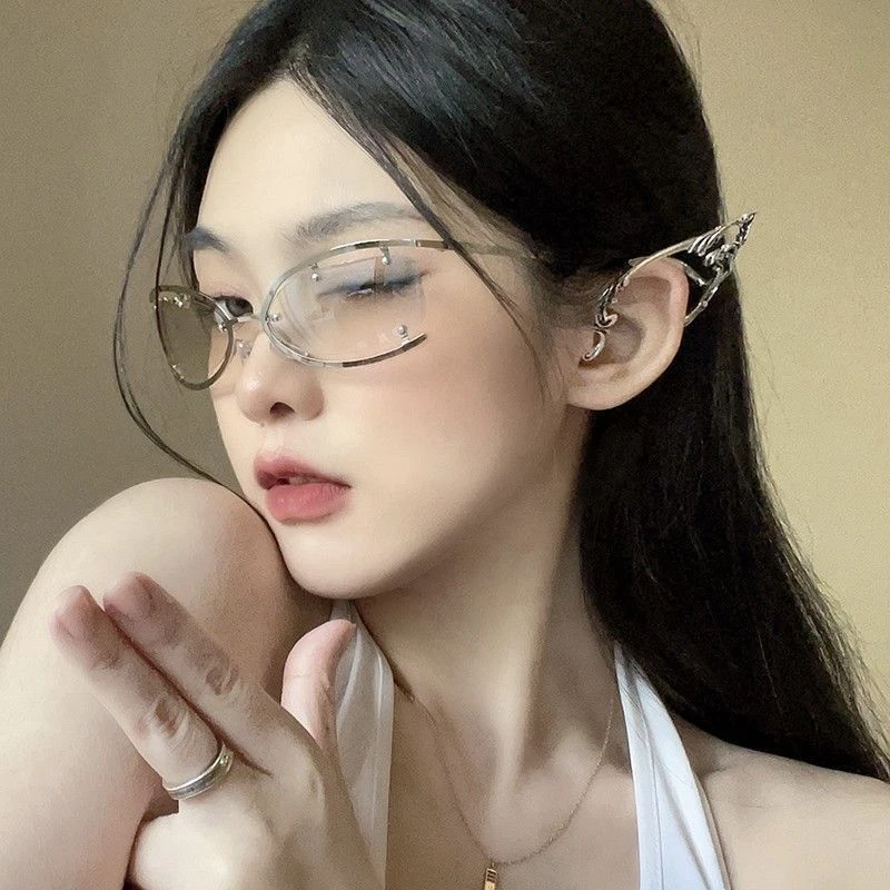 墨镜女未来感y2k千禧辣妹街拍凹造型眼镜无框防紫外线猫眼太阳镜