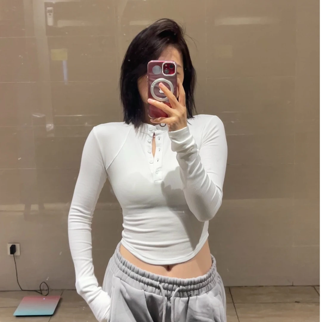香菜～立领加绒半开襟长袖T运动螺纹修身显瘦套指时尚上衣百搭短款
