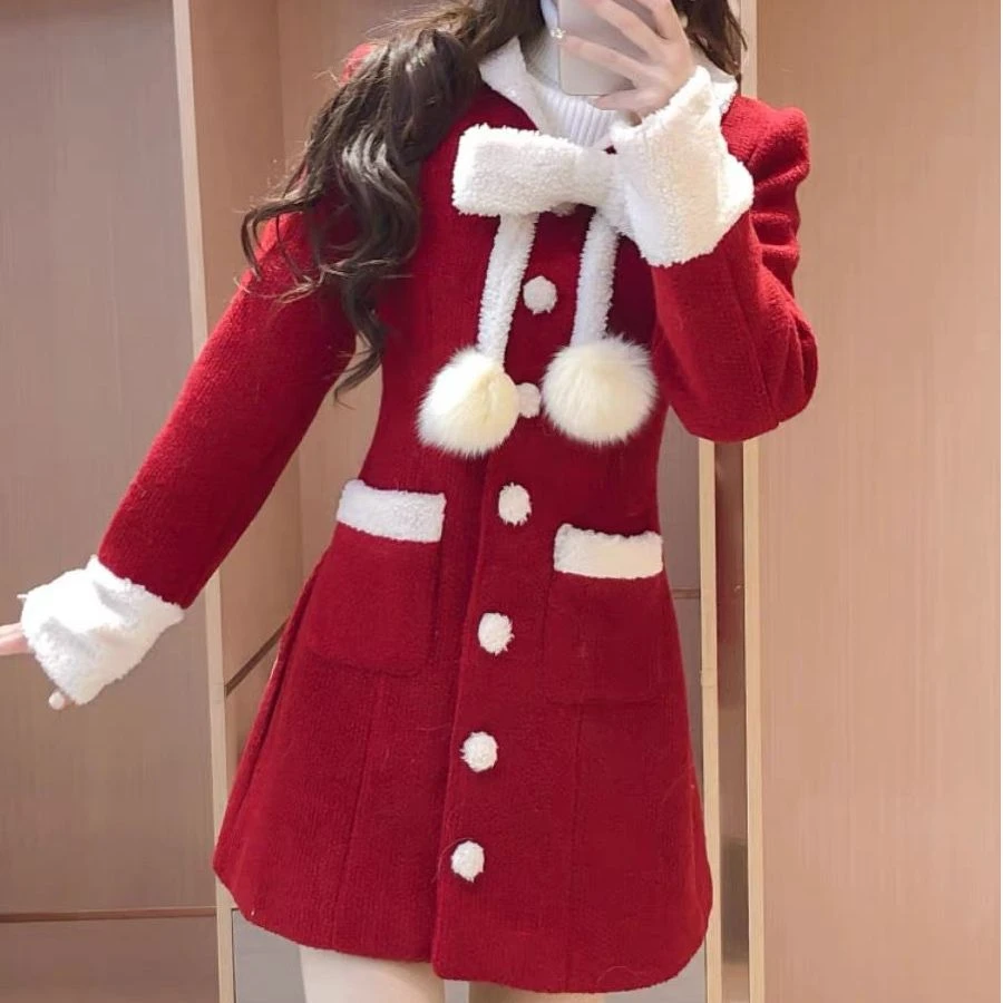 冬季女装小香风红色新年战袍连衣裙过年氛围感穿搭拜年服大人冬裙