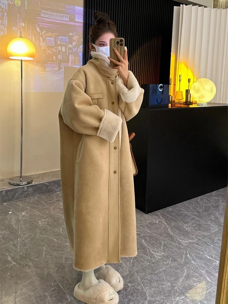 新款加厚仿环保外套大衣秋冬季女长款机车绒皮毛一体风衣长款过膝